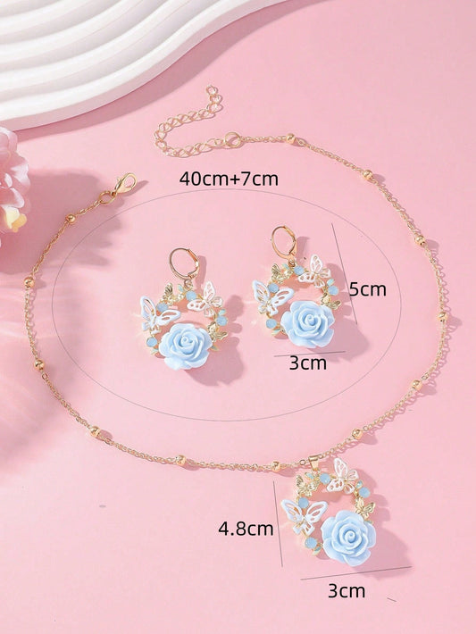 Blue Butterfly Floral Jewelry Set