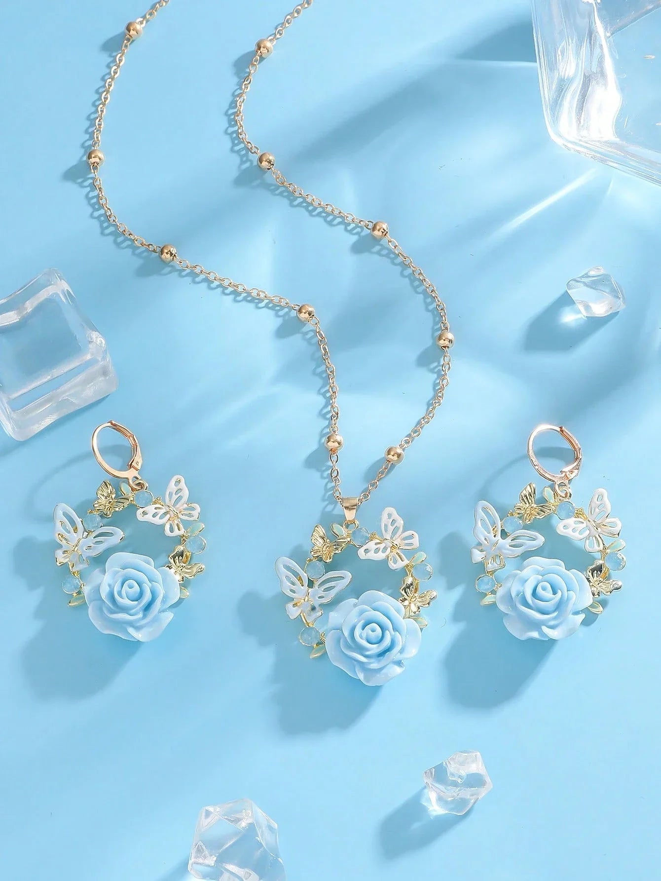 Blue Butterfly Floral Jewelry Set