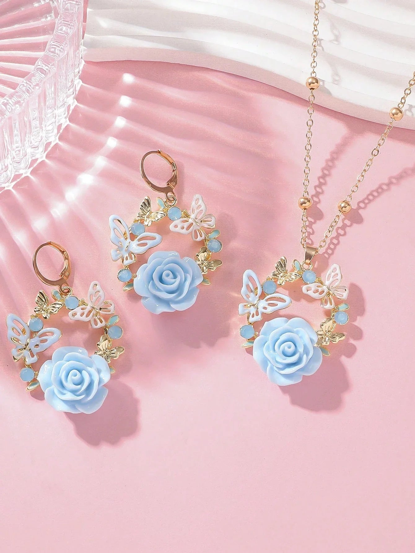 Blue Butterfly Floral Jewelry Set