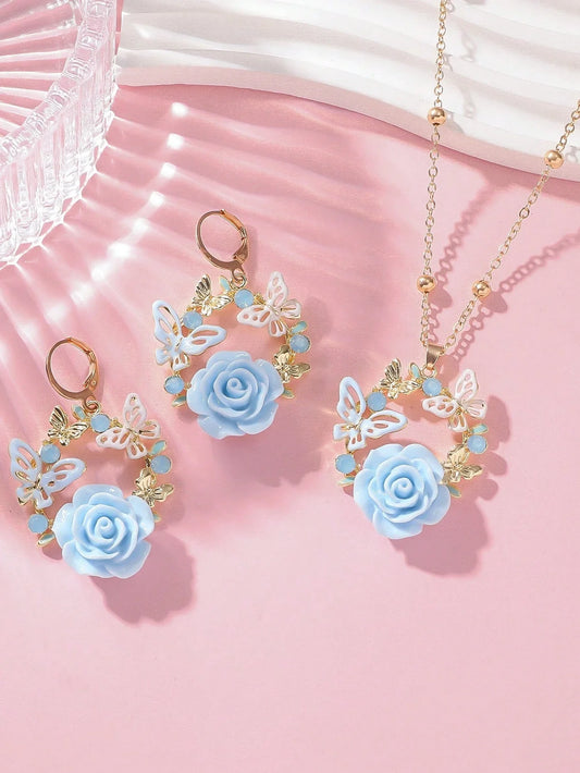Blue Butterfly Floral Jewelry Set