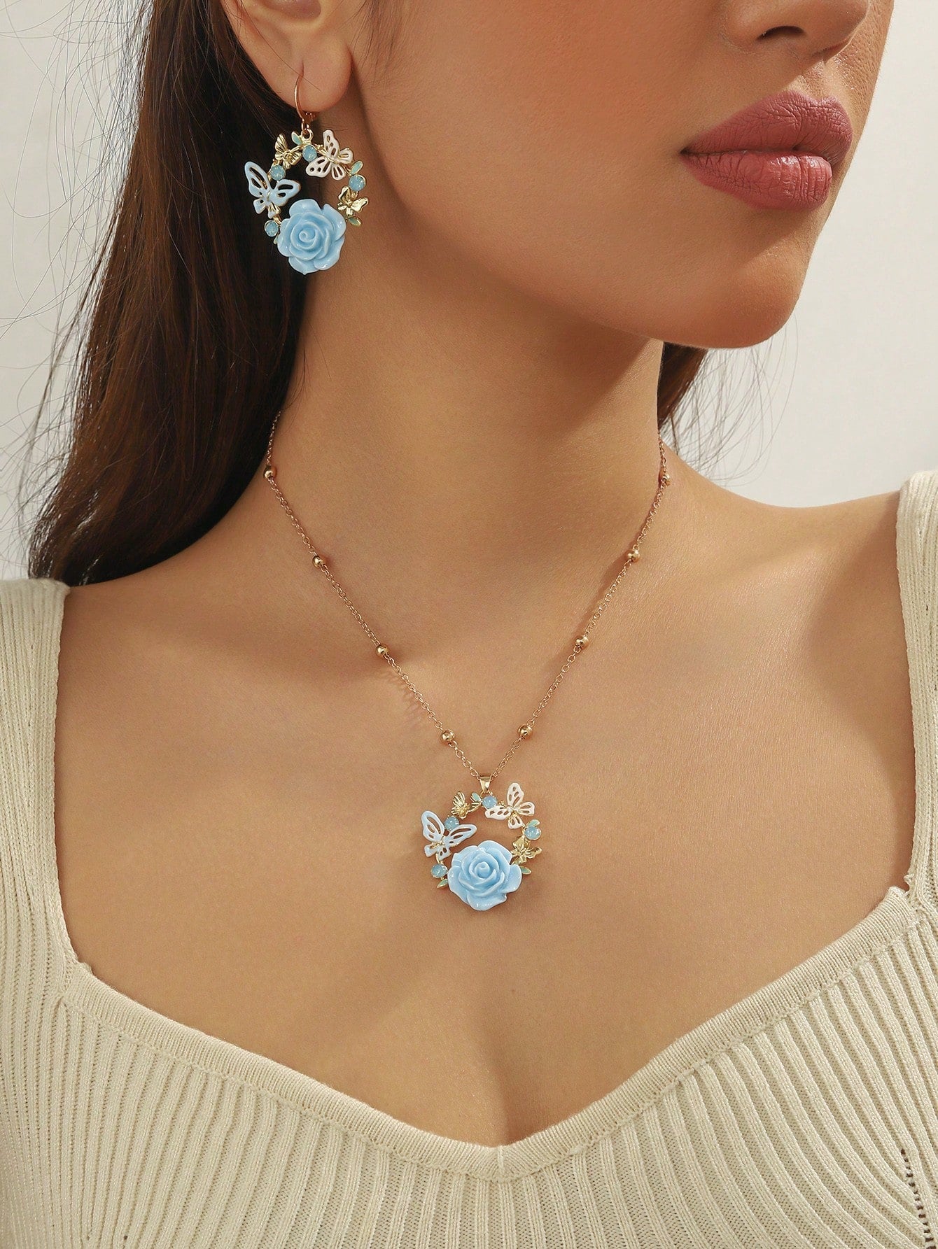 Blue Butterfly Floral Jewelry Set