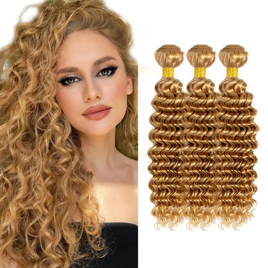 #27 Bundles Human Hair Honey Blonde Deep Wave Bundles 14 16 18 Inch 8A Peruvian Virgin Hair 3 Bundles Color 27 Deep Wave Bundles Hair Extensions Blonde Bundles Human Hair