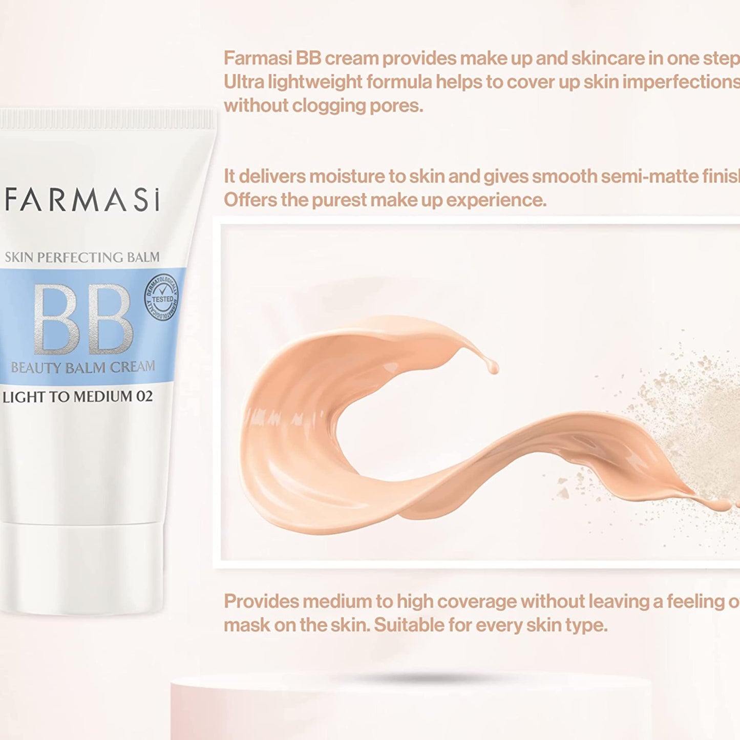 FARMASi Make Up BB Cream Beauty Balm, Full-Coverage Foundation, Concealer, Moisturizer BB Cream for All Skin Types, 1.7 fl. oz. / 50 ml (Light to medium)