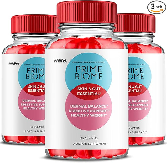 (3 Pack) Prime Biome Gummies PrimeBiome Skin & Gut Support Gummy Formula, PrimeBiome Overall Health & Wellness Vitamin B12 B6 Folic Acid Support Supplement, Prime Biome Advanced Formula (180 Gummies)