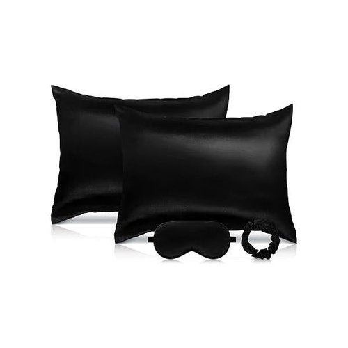 2 Pack Satin Pillowcase with Latent Zipper, Adjustable Eye Mask for Sleeping and Volume Scrunchie Hair Skin, Standard Size (Classic Style, Blue)